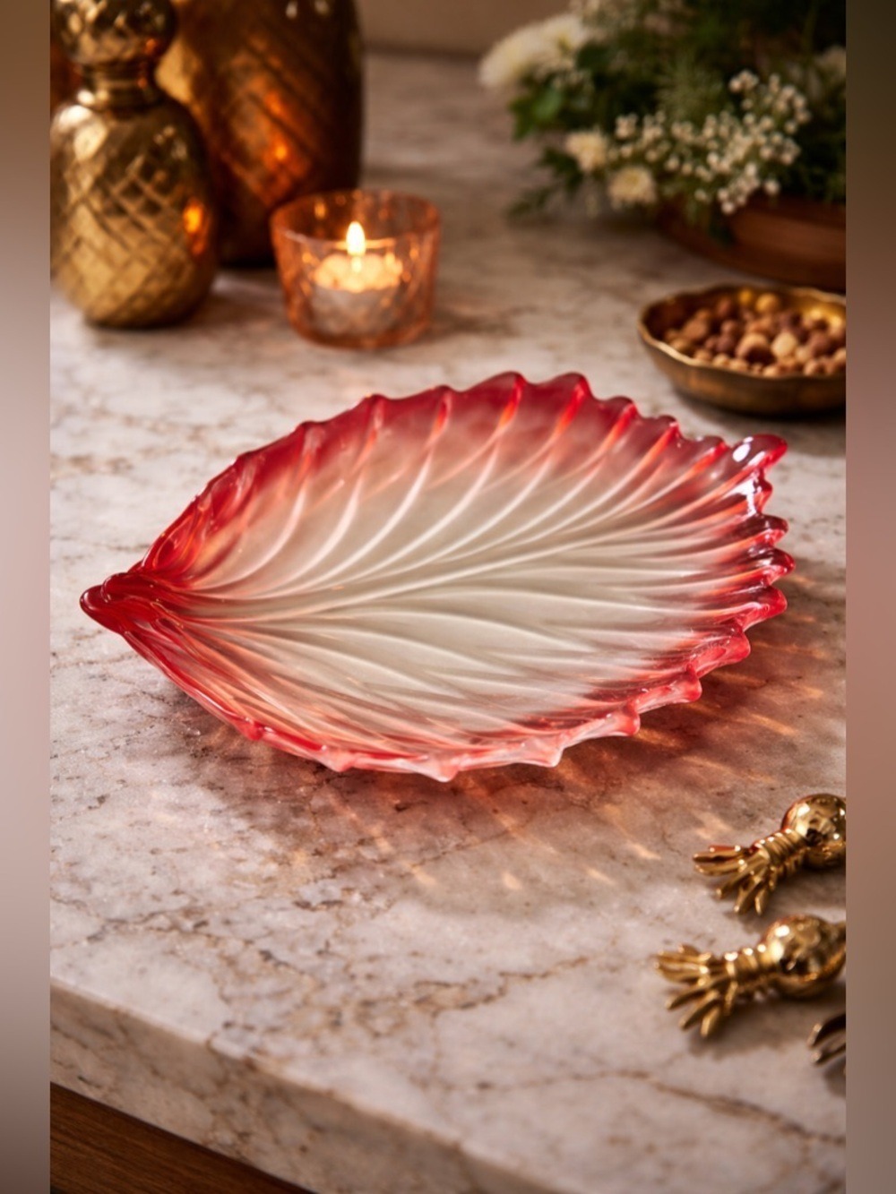 Handblown Pink Ombre Leaf Glass Dish Set (3pc) | Vintage Style Centerpiece 16.5”